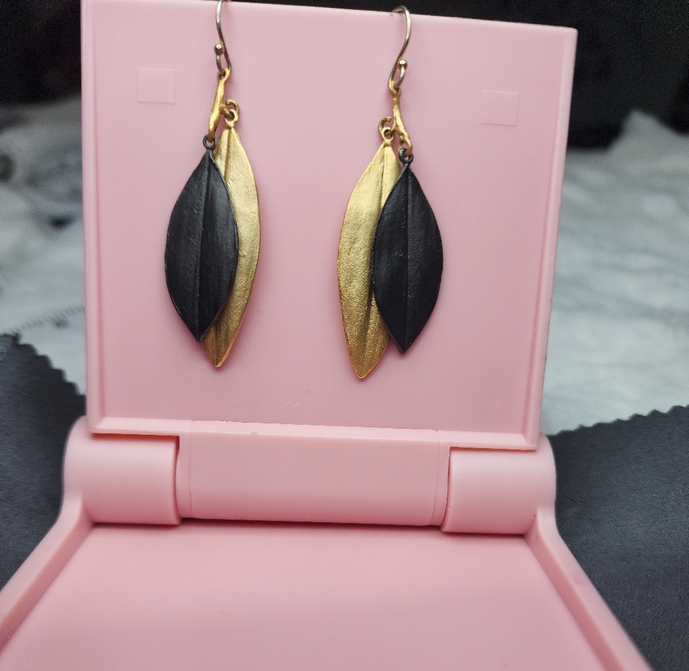 Elegant Cordyline Gold and Black Double Leaf Earrings